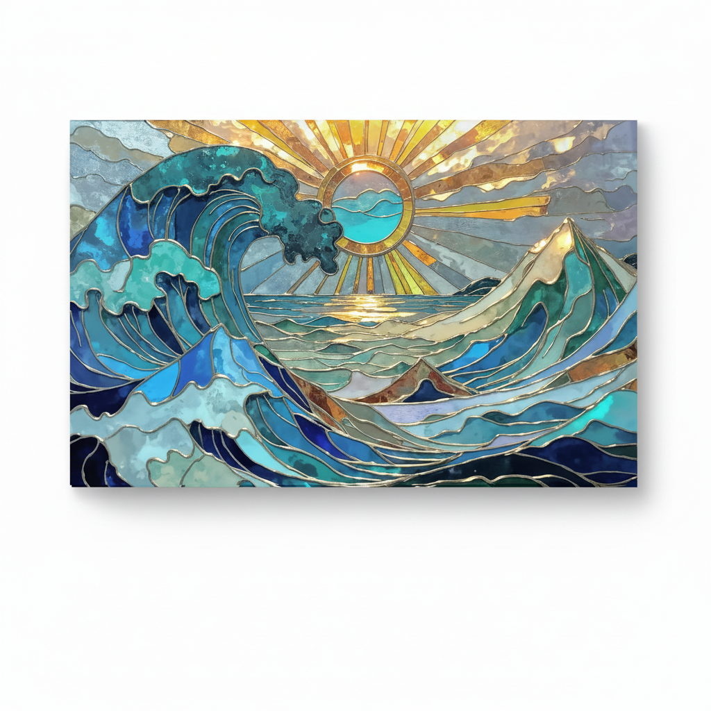 Y-302 stained-glass ocean waves and golden sun glass wall art, front view with original wide panel proportions