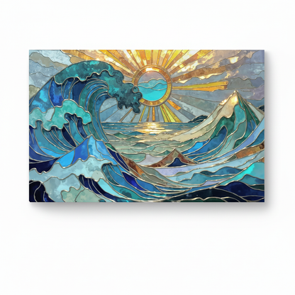 Y-302 stained-glass ocean waves and golden sun glass wall art, front view with original wide panel proportions