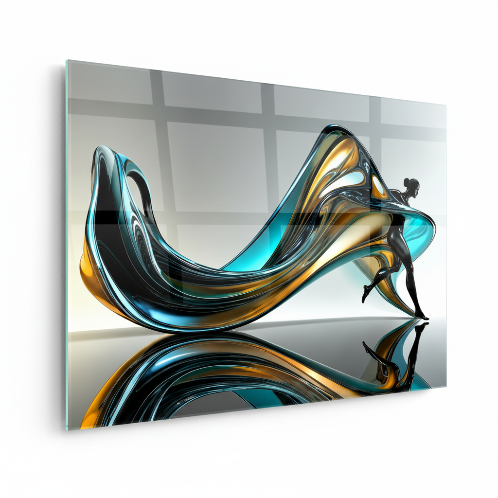 Y-304 abstract turquoise, black and gold figure glass wall art, exact 7 to 5 left side view