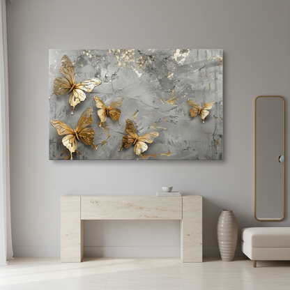 LMT-053 golden butterflies on silver grey textured marble glass wall art in a luxury entrance hall