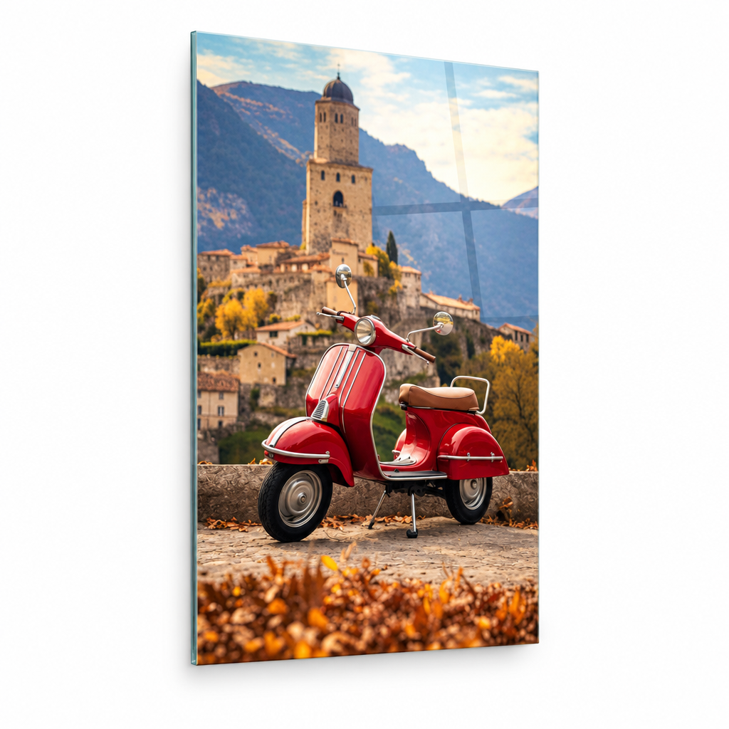 Vintage red Vespa glass wall art, left angle view