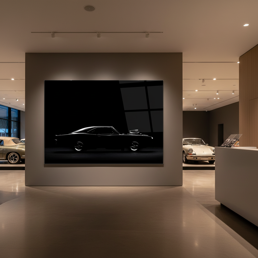 1968 Dodge Charger glass wall art displayed in a premium automotive showroom