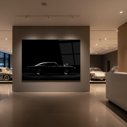 1968 Dodge Charger glass wall art displayed in a premium automotive showroom