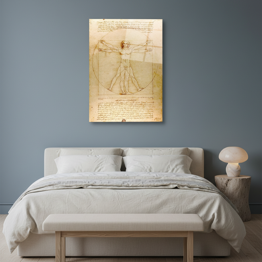 Vitruvian Man Glass Wall Art displayed above a bed in a refined bedroom with dusty blue-grey walls.