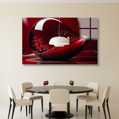 LMT-051 ruby red black glossy abstract glass wall art in a luxury dining room