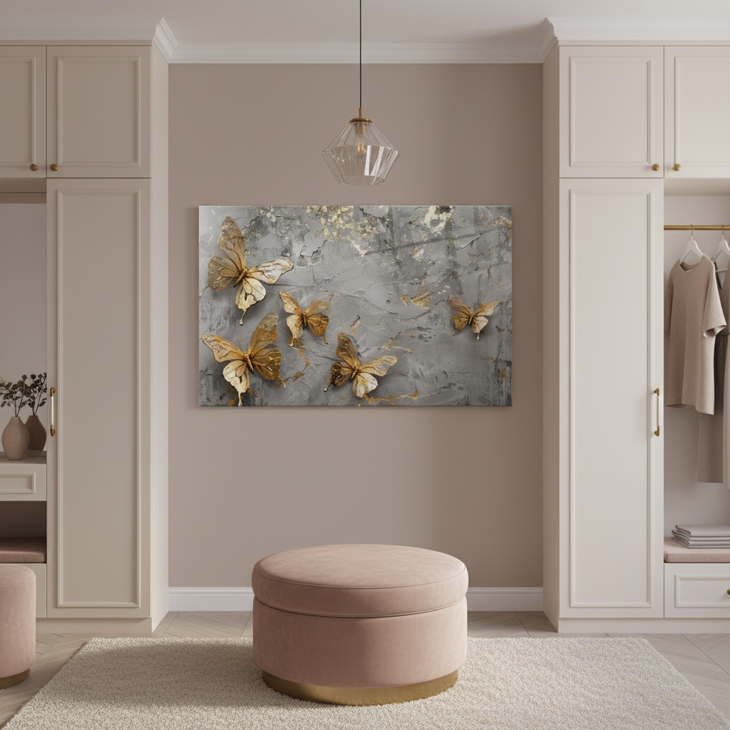LMT-053 golden butterflies on silver grey textured marble glass wall art in a luxury dressing room