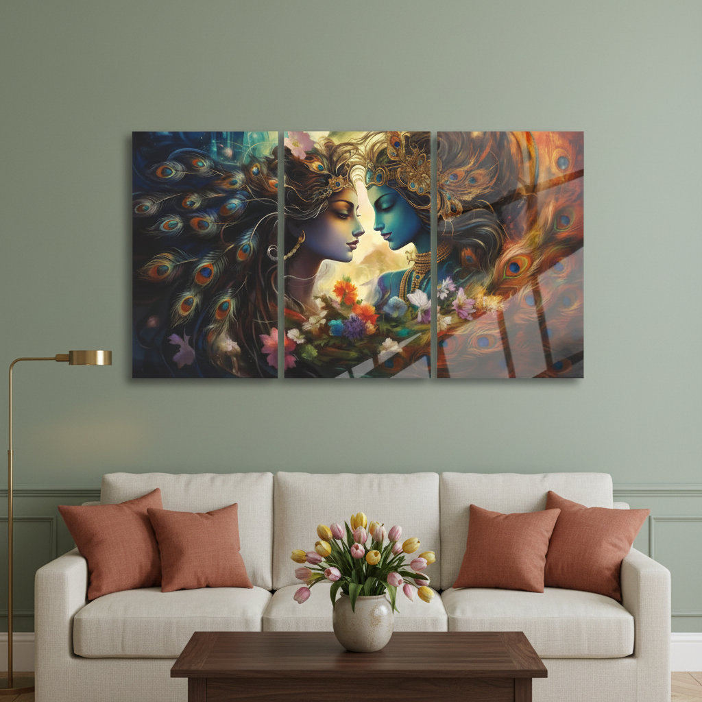Radha Krishna glass wall art triptych hanging in a luxury living room with sage green walls, cream sofa and tulips