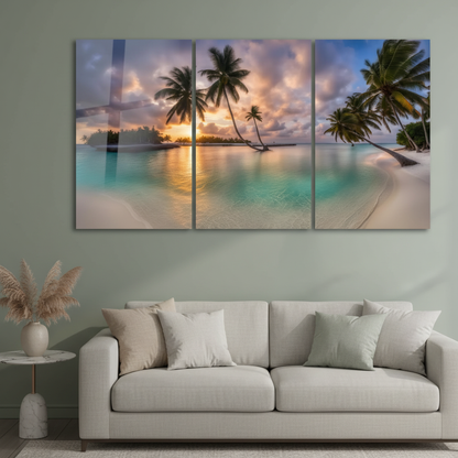 Tropical beach sunset triptych glass wall art in a luxury living room with sage green walls and a light linen sofa