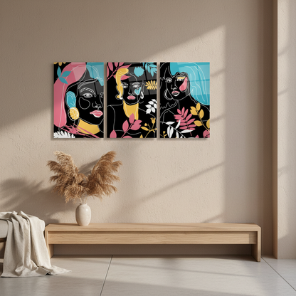 Donne in Stile Line Art Quadro in Vetro Temperato