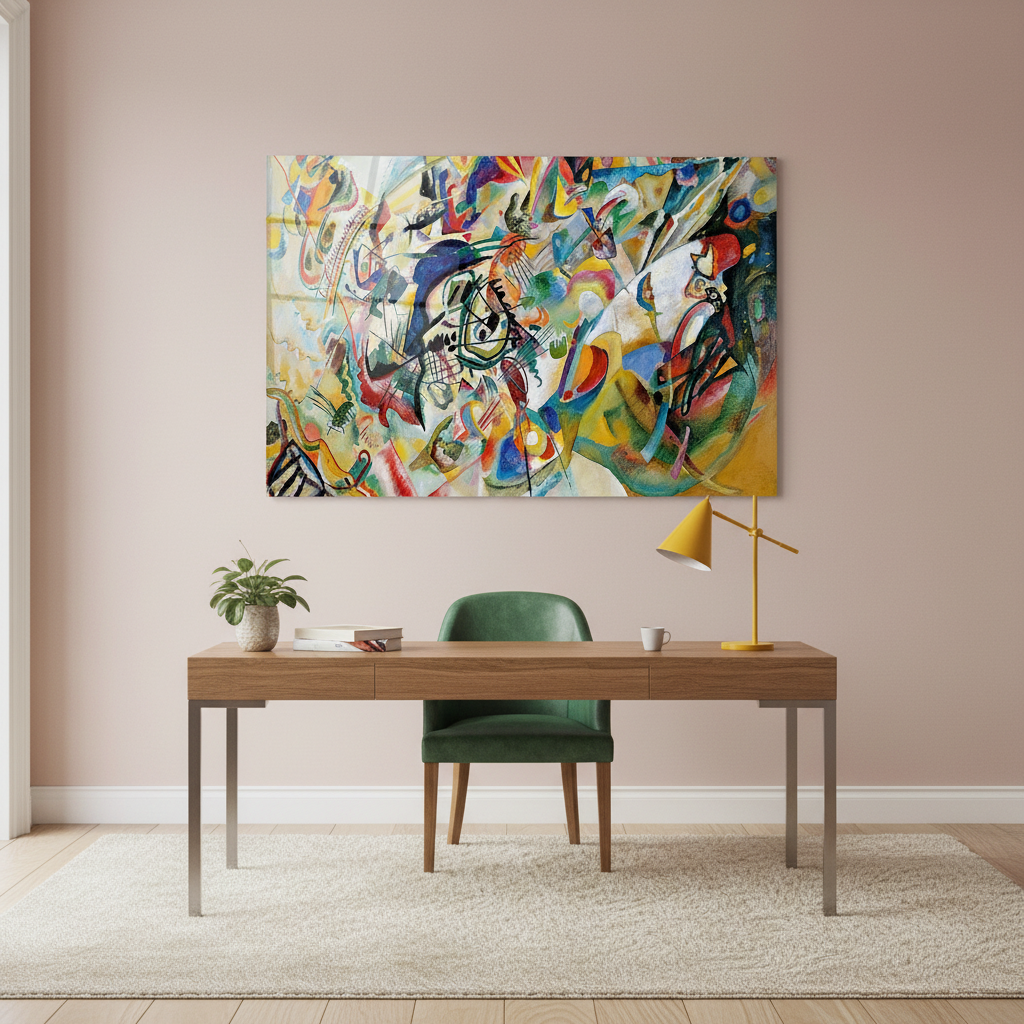 Colorful abstract horizontal glass wall art in a blush pink home office