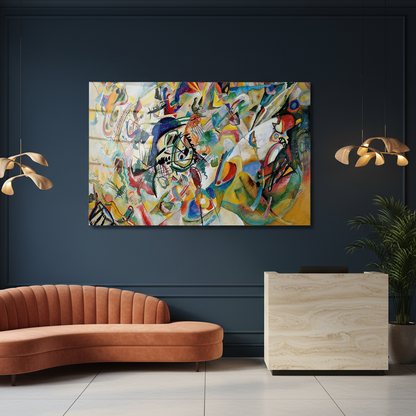 Colorful abstract horizontal glass wall art in a deep navy boutique hotel lobby