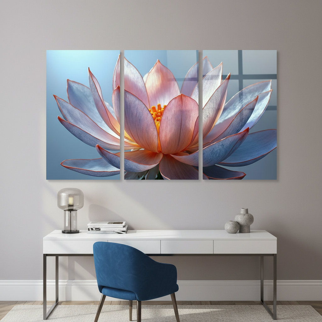T-38 lotus flower triptych glass wall art in a luxury creative office with pale mauve-grey walls