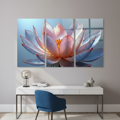 T-38 lotus flower triptych glass wall art in a luxury creative office with pale mauve-grey walls