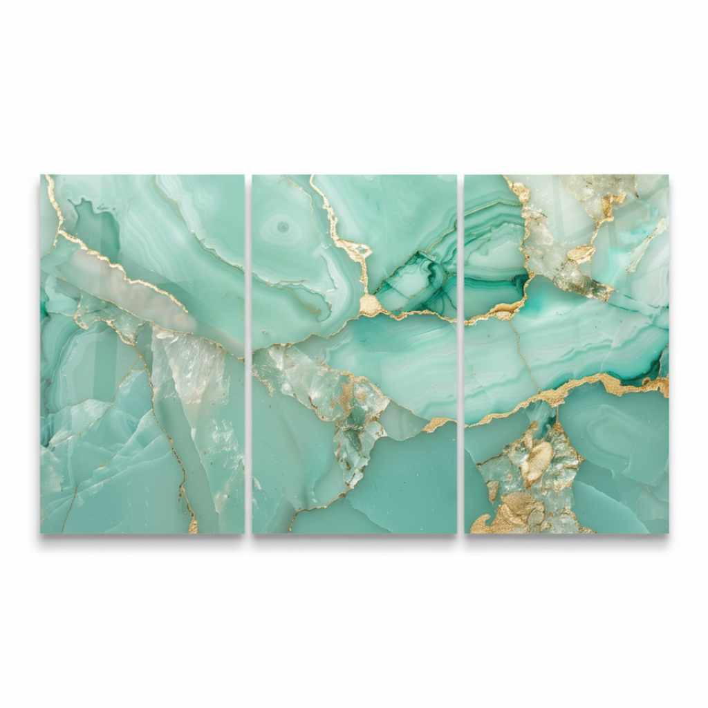 Front view of the three-panel aqua agate marble glass wall art triptych on a pure white background