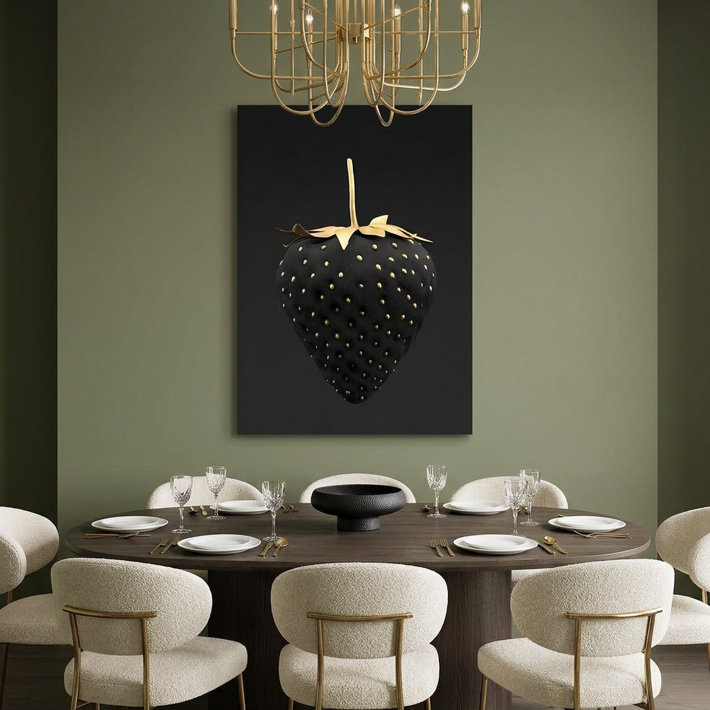 D-187 black and gold strawberry glass wall art in olive dining room