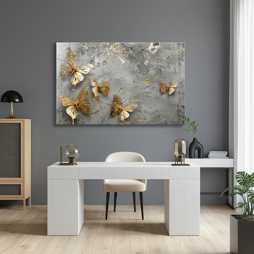 LMT-053 golden butterflies on silver grey textured marble glass wall art in a luxury boutique office