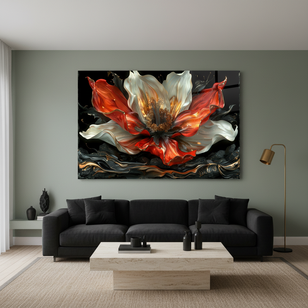 Abstract red, white and black flower glass wall art in a luxury living room