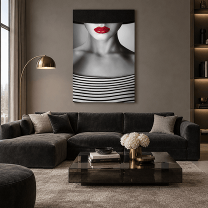 Red lips woman portrait glass wall art in living room