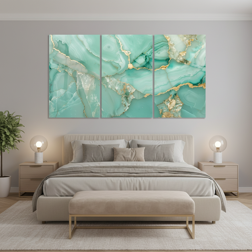 Aqua agate marble glass wall art triptych in a luxury pale grey bedroom