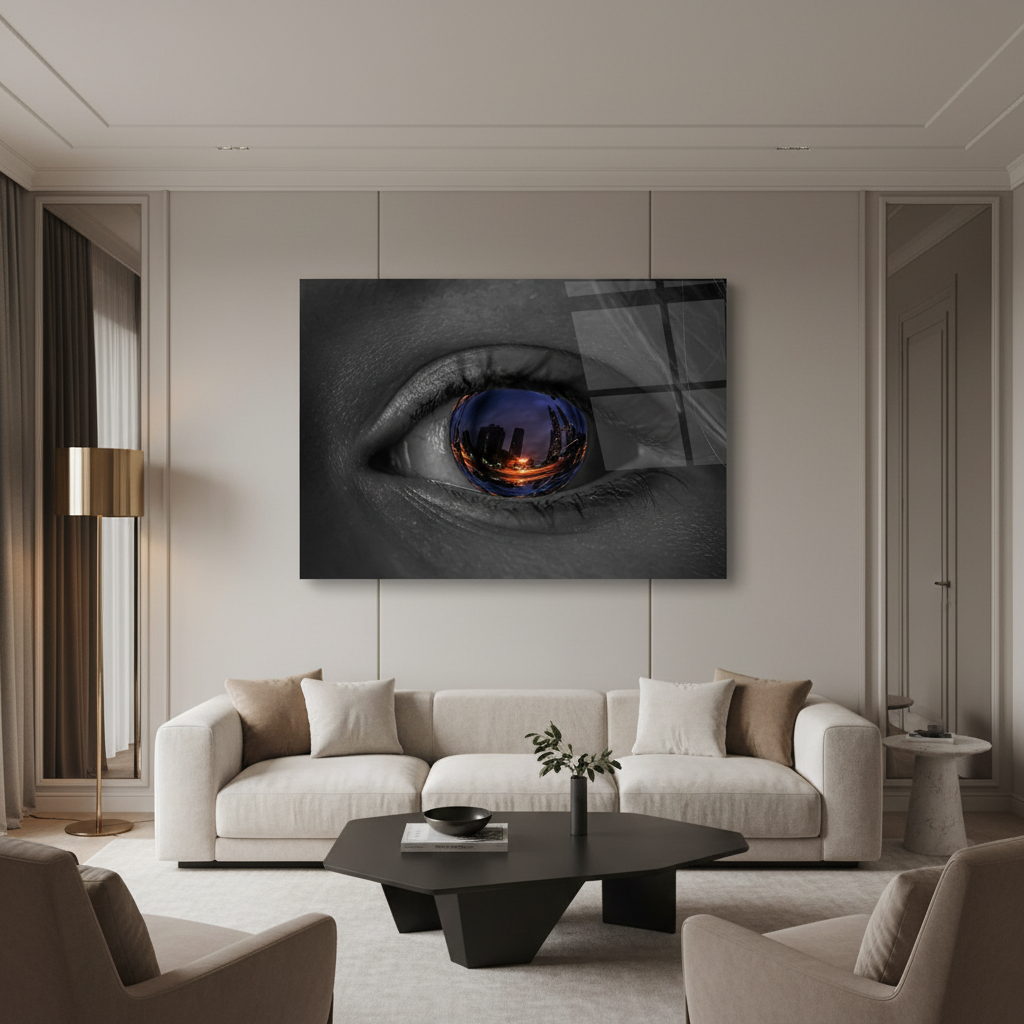 Blue eye city lights glass wall art displayed in a luxury living room