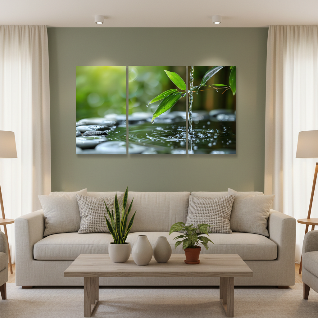 Luxury living room with sage green walls and three-panel nature water stream triptych glass wall art
