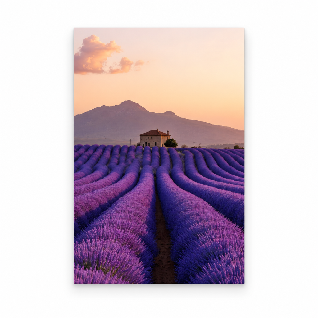 Provence lavender field glass wall art on white square background, 5:7 panel