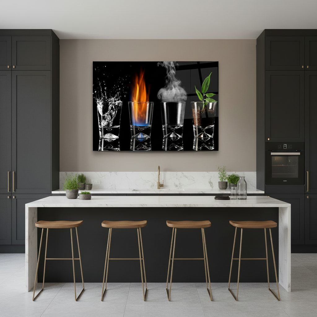 Y-307 four elements water fire smoke plant glass wall art in a luxury kitchen dining space