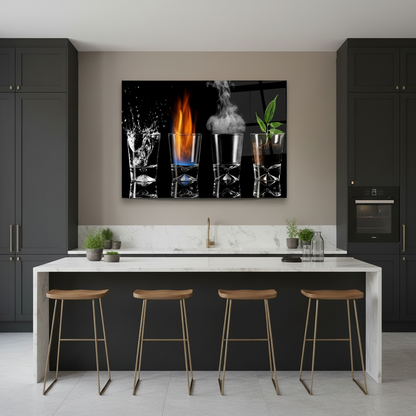 Y-307 four elements water fire smoke plant glass wall art in a luxury kitchen dining space