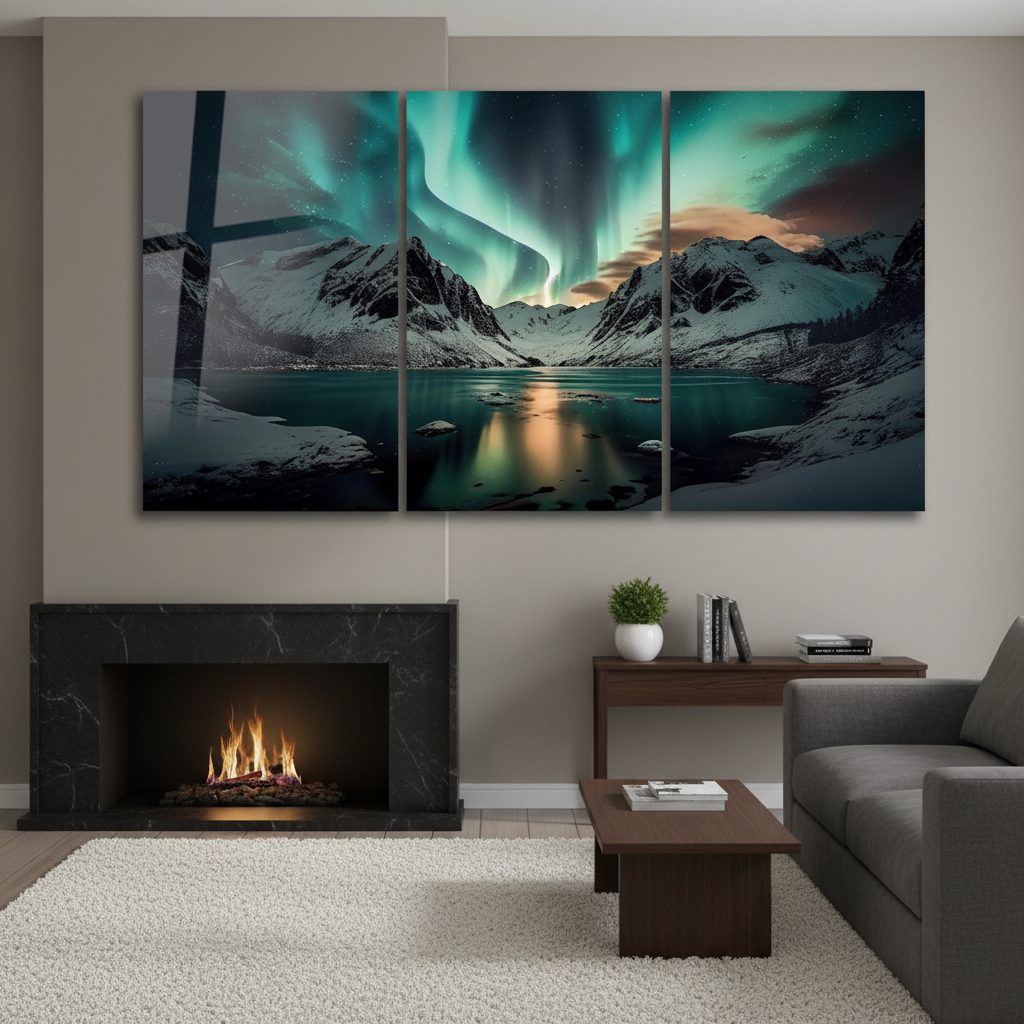 Northern lights mountain lake glass wall art triptych in a luxury charcoal living room