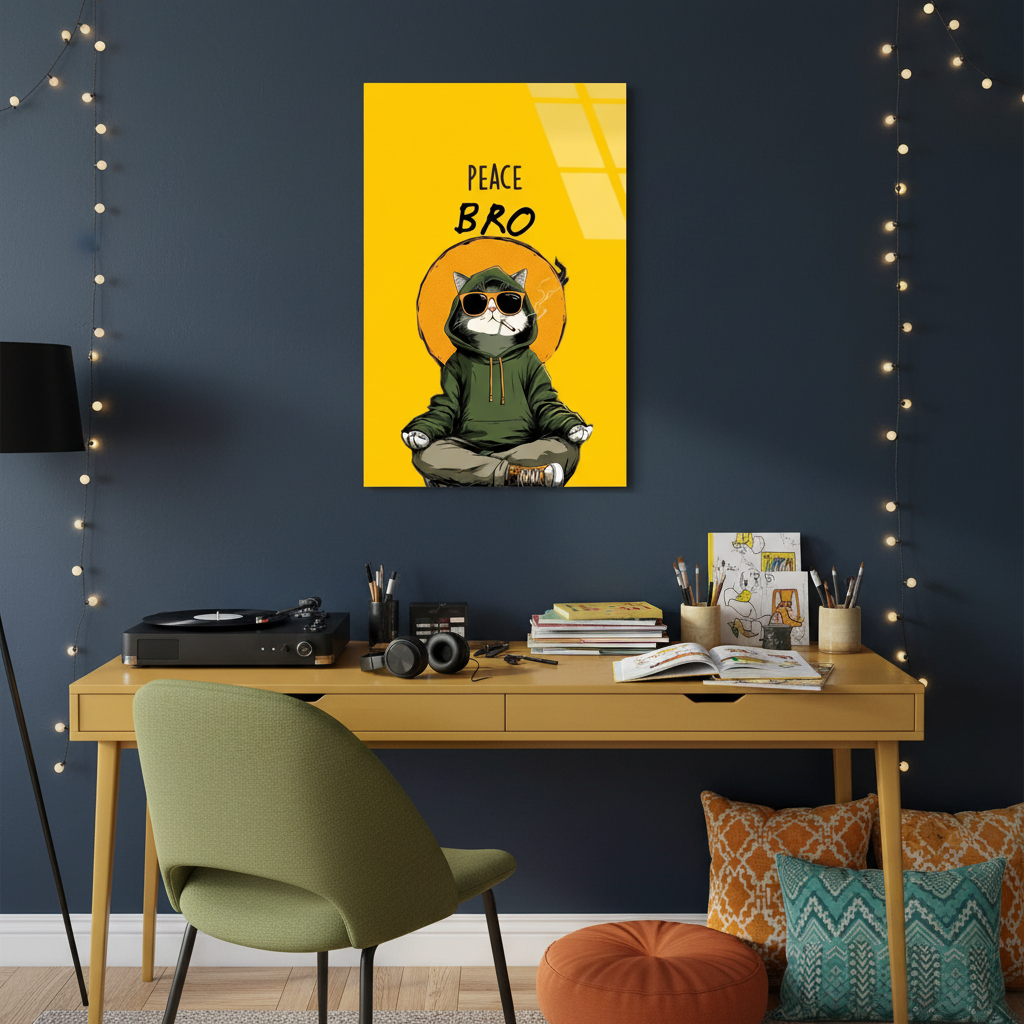 Square 1:1 creative studio mockup of LMT-001, the yellow Peace Bro meditating cat glass wall art above a desk with record player and headphones.