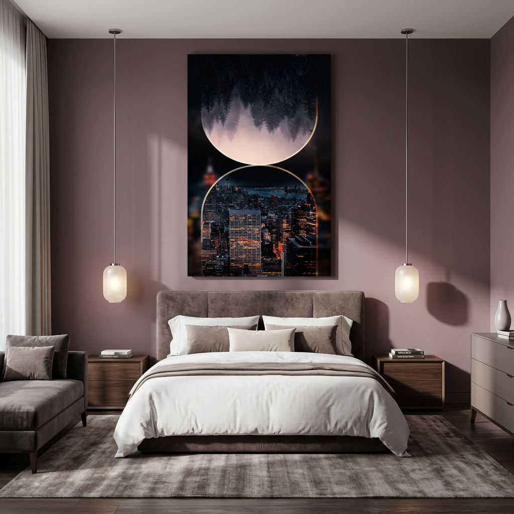 D-176 forest and night city glass wall art in mauve bedroom