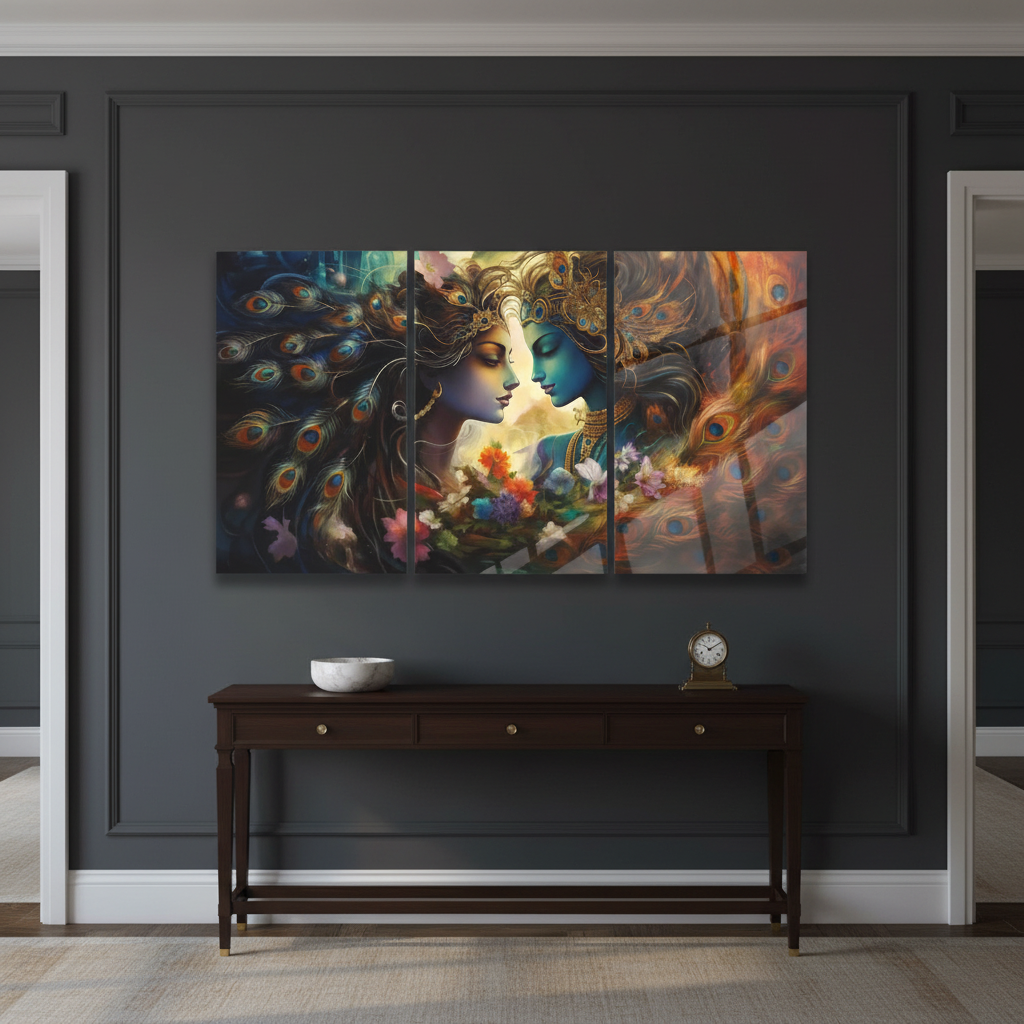 Radha Krishna glass wall art triptych hanging in a luxury entrance hall with deep charcoal walls and walnut console table
