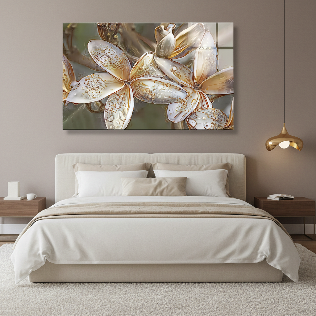LMT-056 white and ivory flowers with gold details glass wall art in a luxury bedroom