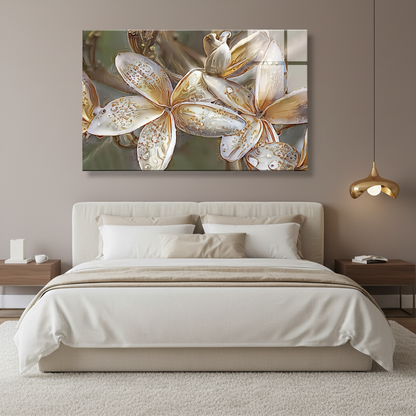 LMT-056 white and ivory flowers with gold details glass wall art in a luxury bedroom