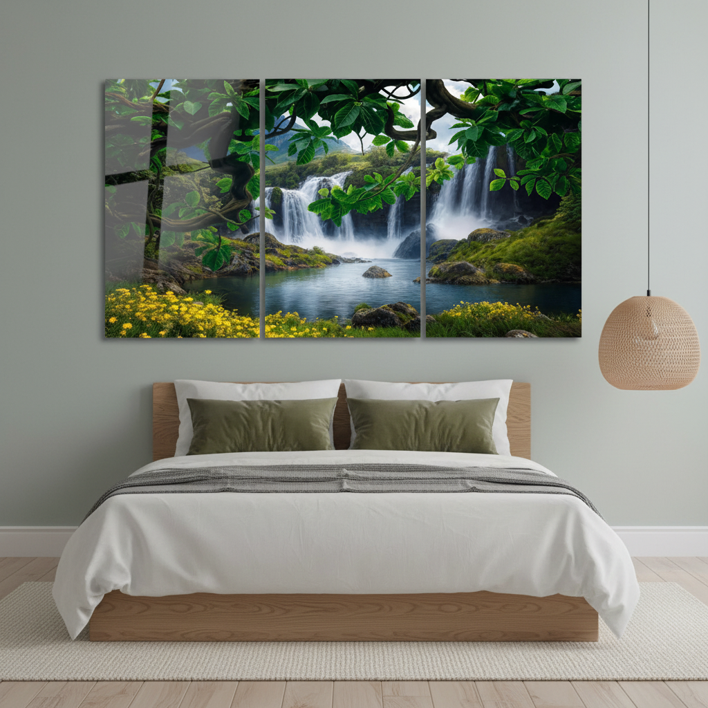 Waterfall forest glass wall art triptych in a luxury grey-green bedroom