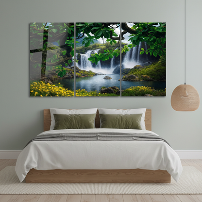 Waterfall forest glass wall art triptych in a luxury grey-green bedroom