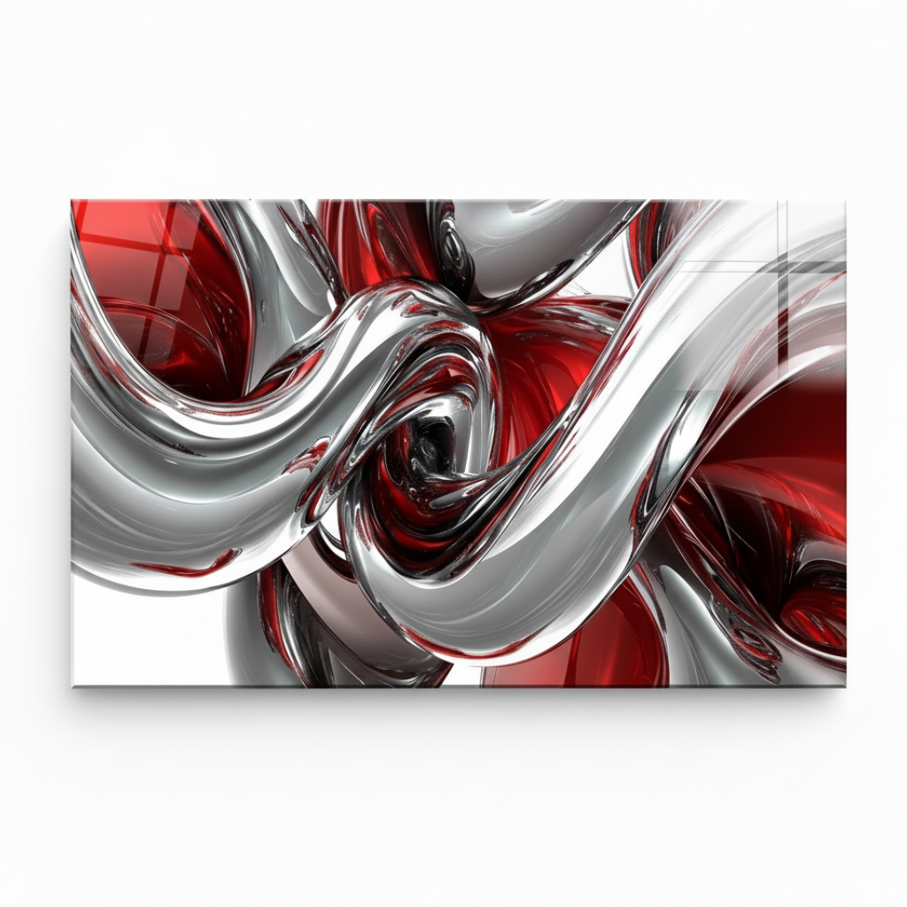 LMT-048 chrome silver red black abstract glass wall art, white 1:1 studio mockup with wide horizontal panel