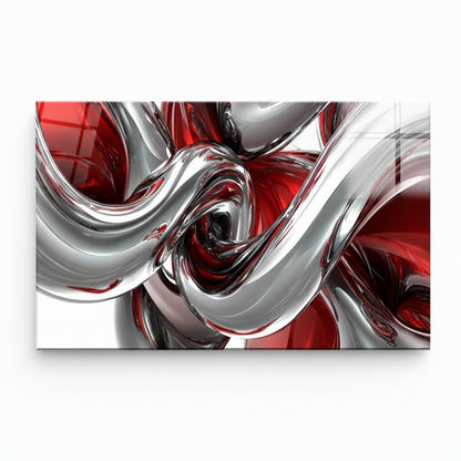 LMT-048 chrome silver red black abstract glass wall art, white 1:1 studio mockup with wide horizontal panel