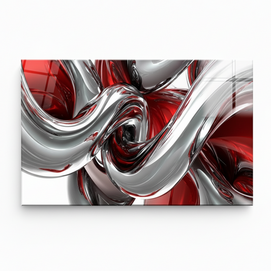 LMT-048 chrome silver red black abstract glass wall art, white 1:1 studio mockup with wide horizontal panel