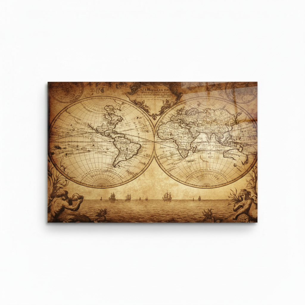 Antique sepia world map glass wall art, white 1:1 studio mockup with wide horizontal panel