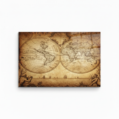 Antique sepia world map glass wall art, white 1:1 studio mockup with wide horizontal panel