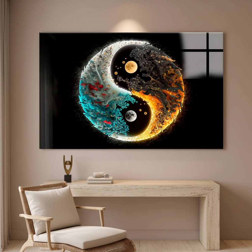 LMT-052 turquoise orange gold yin yang abstract glass wall art in a luxury wellness studio