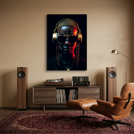 D-186 woman with gold headphones glass wall art in vinyl listening lounge