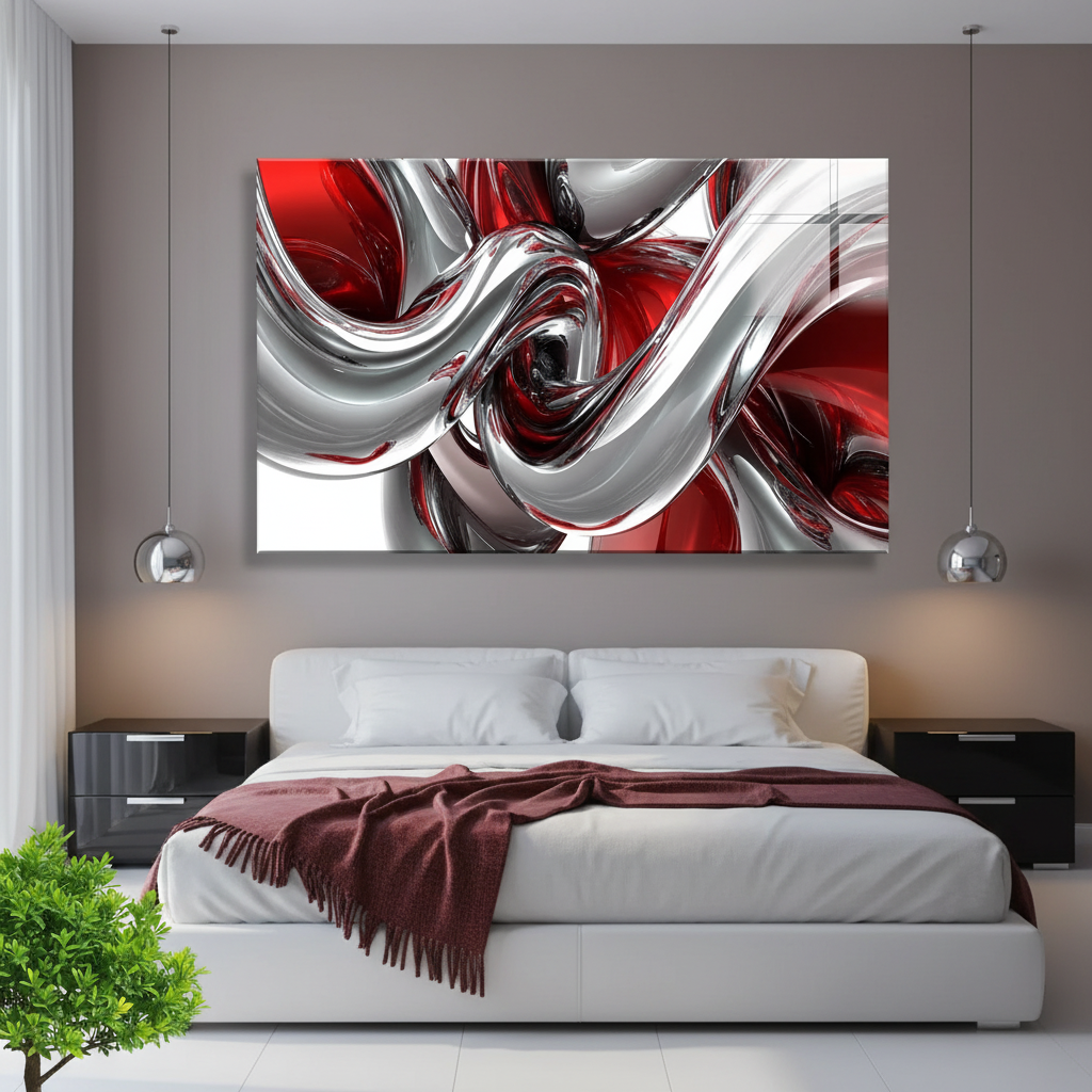LMT-048 chrome silver red black abstract glass wall art in a luxury bedroom