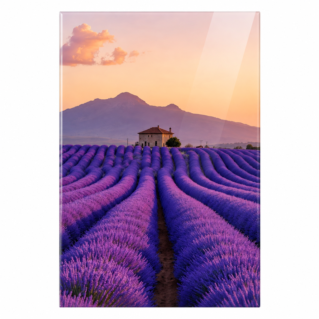 Provence lavender field glass wall art, frontal view on white background, 5:7 panel