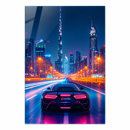 Neon city sports car glass wall art, frontal view on white background