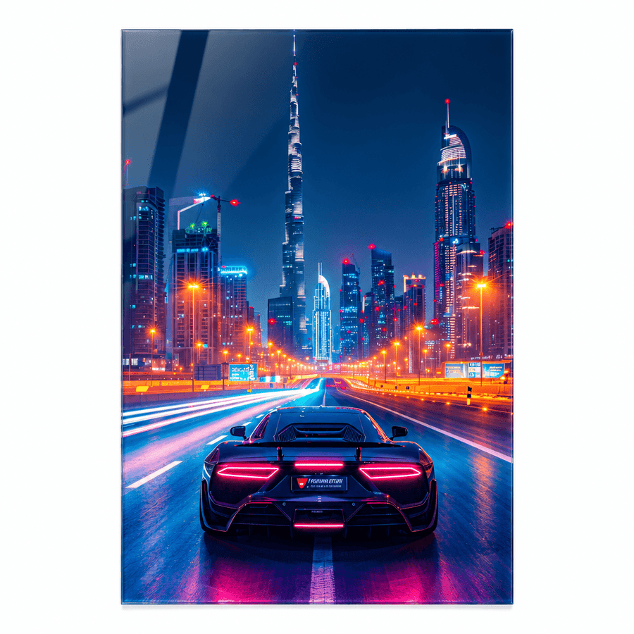 Neon city sports car glass wall art, frontal view on white background