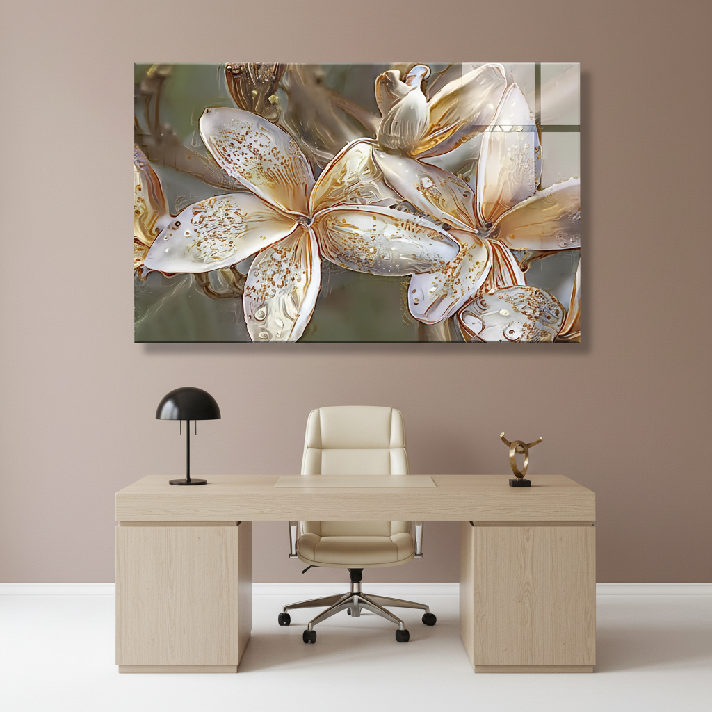 LMT-056 white and ivory flowers with gold details glass wall art in a luxury boutique office