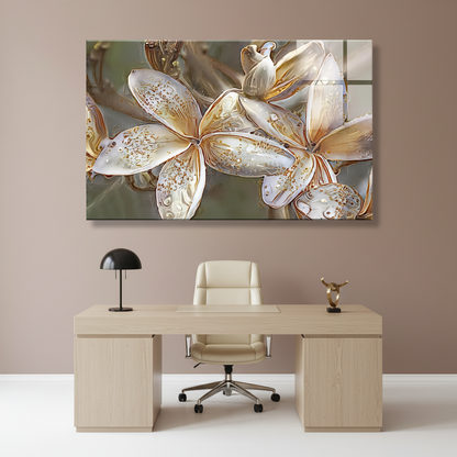 LMT-056 white and ivory flowers with gold details glass wall art in a luxury boutique office