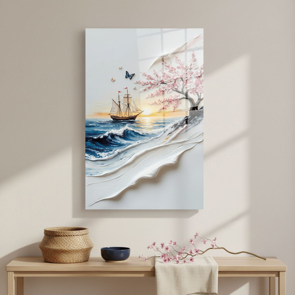 Square 1:1 seaside entrance hall mockup of LMT-002, sailing ship and cherry blossom glass wall art above a pale oak console.